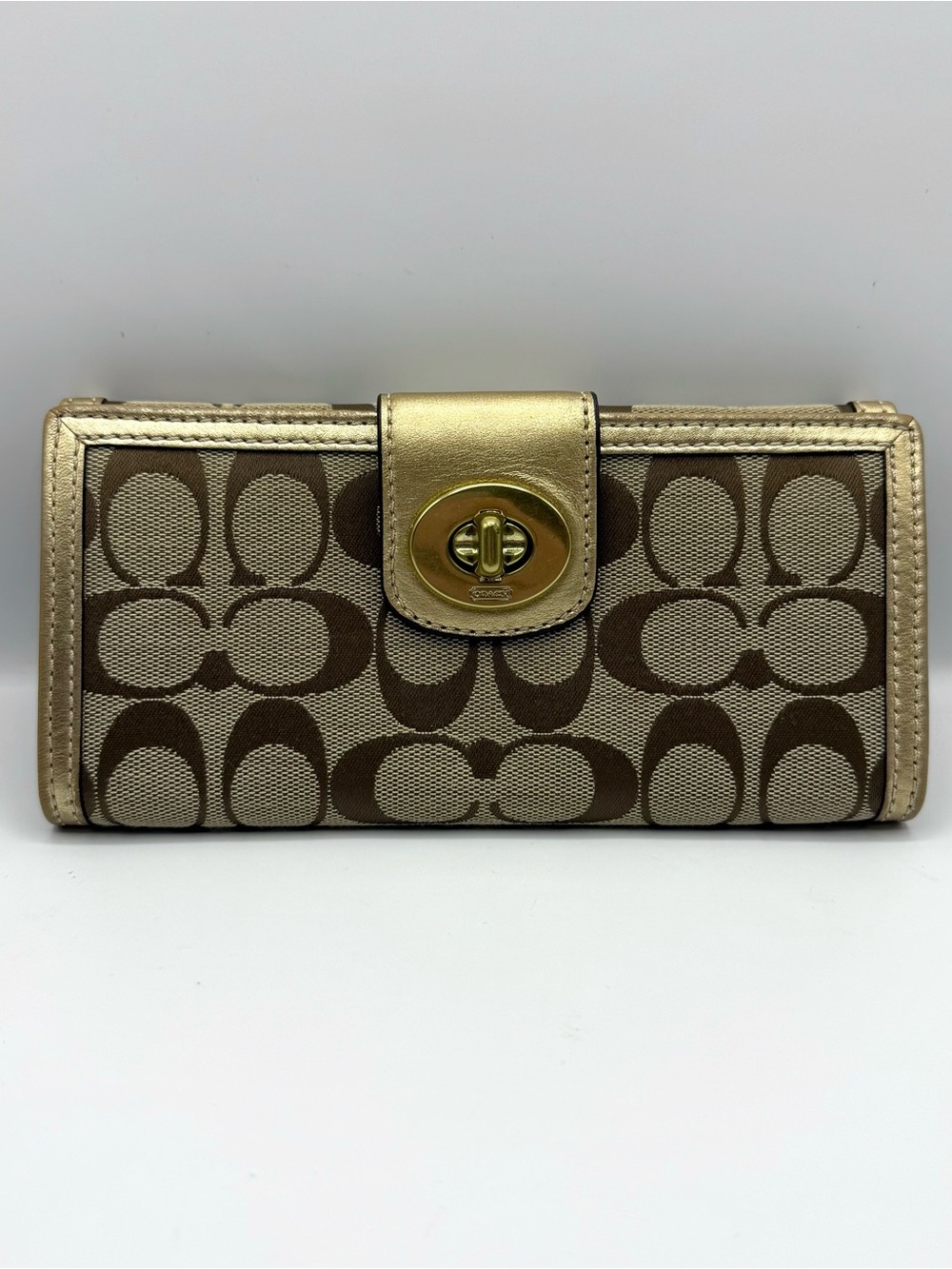 Coach Signature Jacquard Turnlock Wallet Gold Leather Trim Slim Clutch